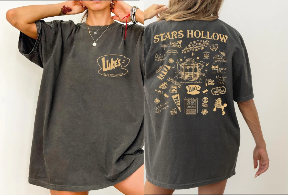 Stars Hollow Two- Sided Comfort Colors Shirt Back Front Stars Hollow Adult Shirt Lukes Diner Tee Clothing Graphic Short Sleeve