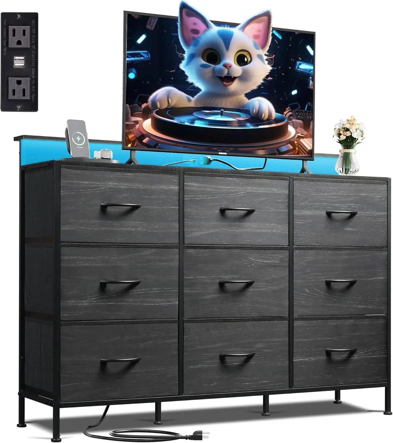 

TV Stand for 45-55 inch TVs with LED Lights, Charging Station, 9 Fabric Drawers & Open Shelves for Living Room