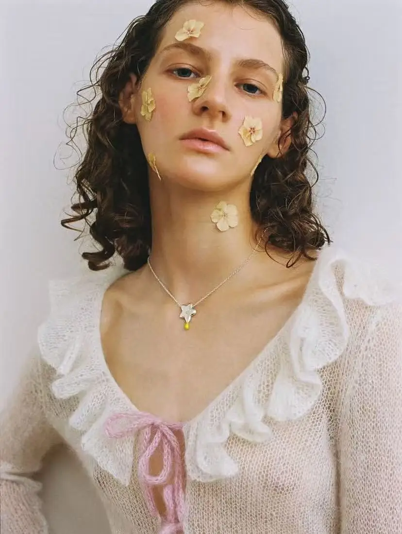 French girlish cream white ruffle collar flared sleeves with pink rope tied mohair knit top