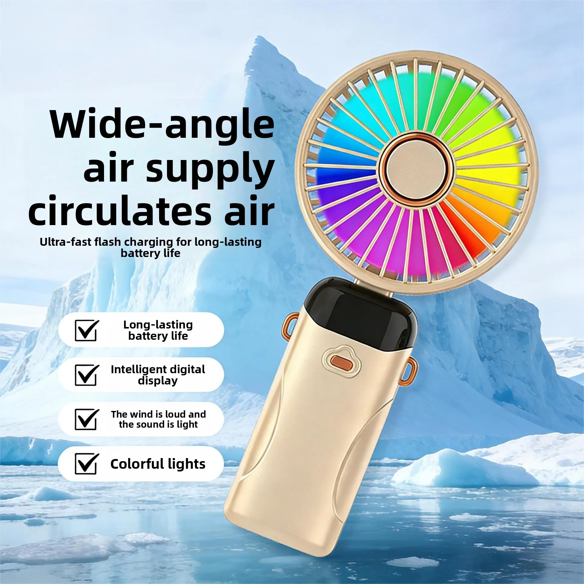 Portable Mini Handheld Fan 6 Speed Digital RGB Light Foldable Neck Fan Phone Holder Long Lasting Rechargeable Cooling Fan