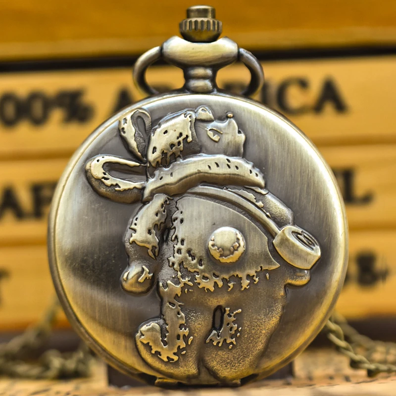 빈티지 청동 Steampunk 동물 곰 조각 된 석영 주머니 시계 목걸이 펜던트 시계 체인 남성 여성 체인 선물