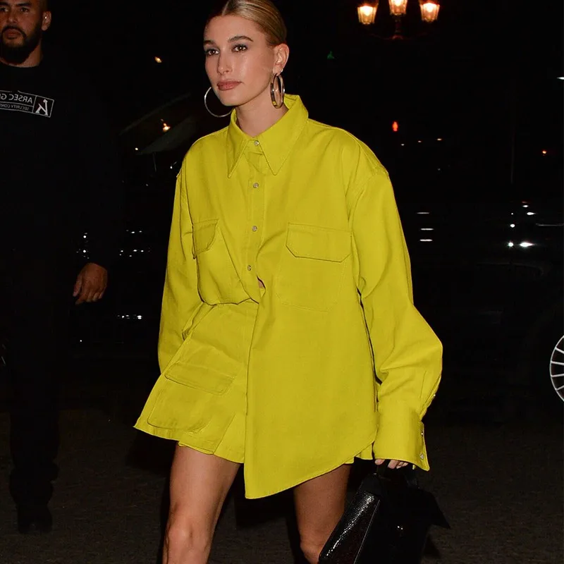

Hailey Oversize Street Style Mid-Length Yellow Long Sleeve Shirt And Skirt Set Women's Fashion Cotton Straight Cut Shirt