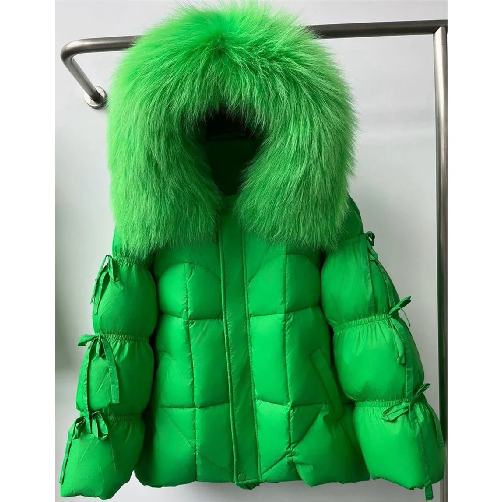 

2025 Women's Winter Hooded Down Jacket, Satin Zipper, Fur Collar, Bow Tie, Women's Outerwear, Y2K New, High-Quality Coat bra