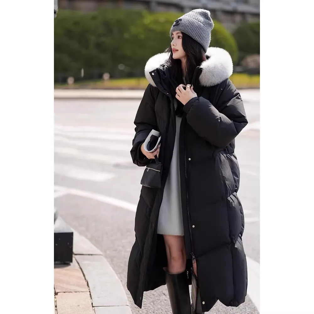 2024 Winter New Goose Down Big Hair Collar White Down Jacket for Women, High end Hooded Mid to Long Size ，Thickened Coat