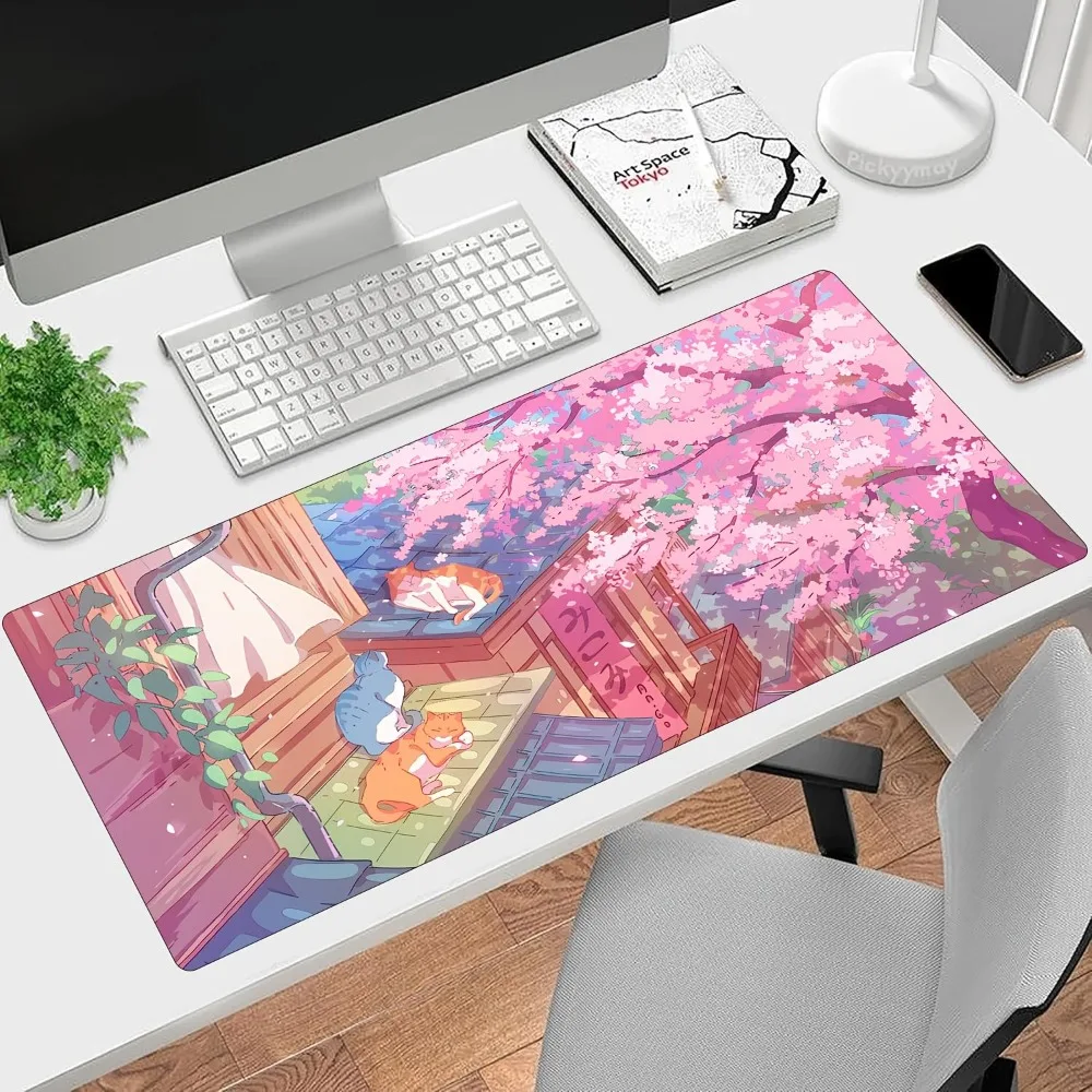 Tapis de souris rose à motif de chat mignon d'anime avec fleurs de cerisier, base en caoutchouc antidérapante, organiseur de bureau et plateau, tapis de souris