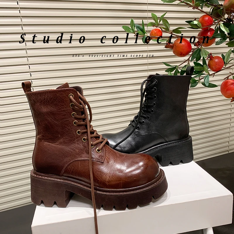 

Women's Platform Boots Street Style Winter Shoes Woman Cowhide Casual Shoes Spring Autumn Side Zipeprs Ankle Boots Thick Heel