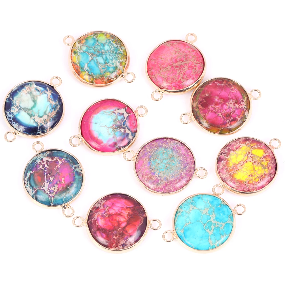 Natural Stone Pendants Golden Round Colorful Sea Sediment Pendants For Jewelry Making Diy Charm Necklace Crafts Accessories 16mm