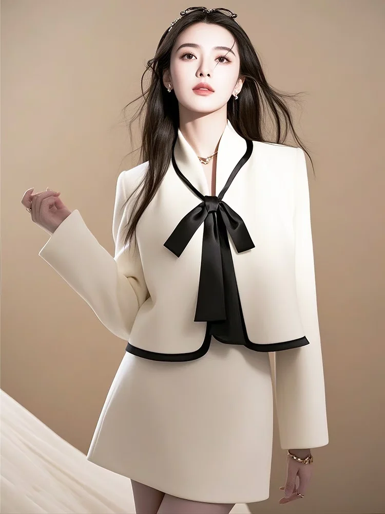 2025 Spring Autumn Vintage Women Tweed White Suit Jacket Coat Tops + Skirt Elegant Two Piece Set Outfit Jacquard Fashion Cloth