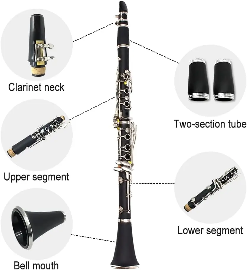 Beginner Bb Clarinet Kit with 17 Keys, Nickel-plated, Includes Hard Case, Cleaning Tools, and Accessories for Easy Start