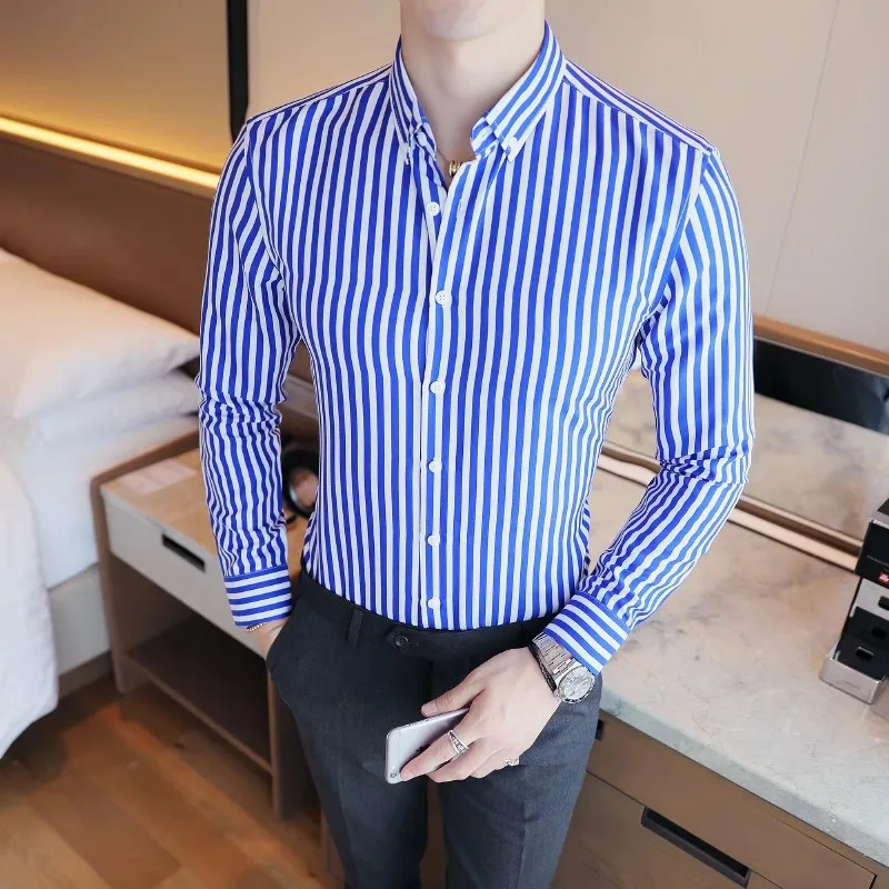 New Striped Shirt Men\'s Long Sleeve Slim Fit Business Casual Shirt Youth Cool Shirt Trend Formal Dress Shirts