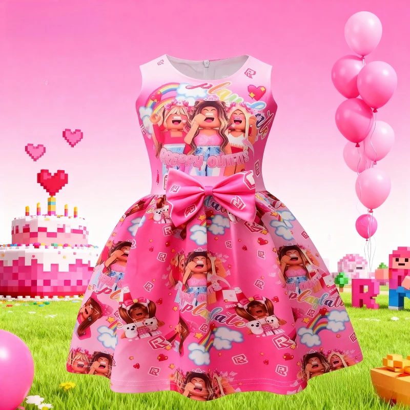 حار ROBLOX لعبة موضوع الطباعة الرقمية فستان الأميرة الوردي أكمام القوس فستان الفتيات حفلة عيد ميلاد الملابس لوازم الهدايا #2