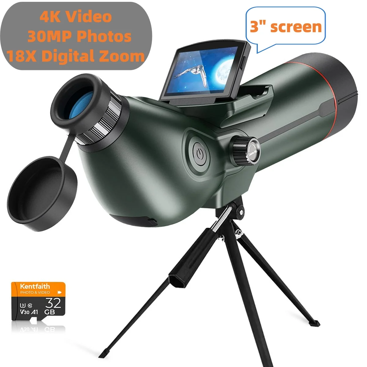 

Spotting Scope Monocular Telescope with Camera 4K Video 30MP Photo 3in Display for Moon Star Bird Watching with Tripod 32GB Card