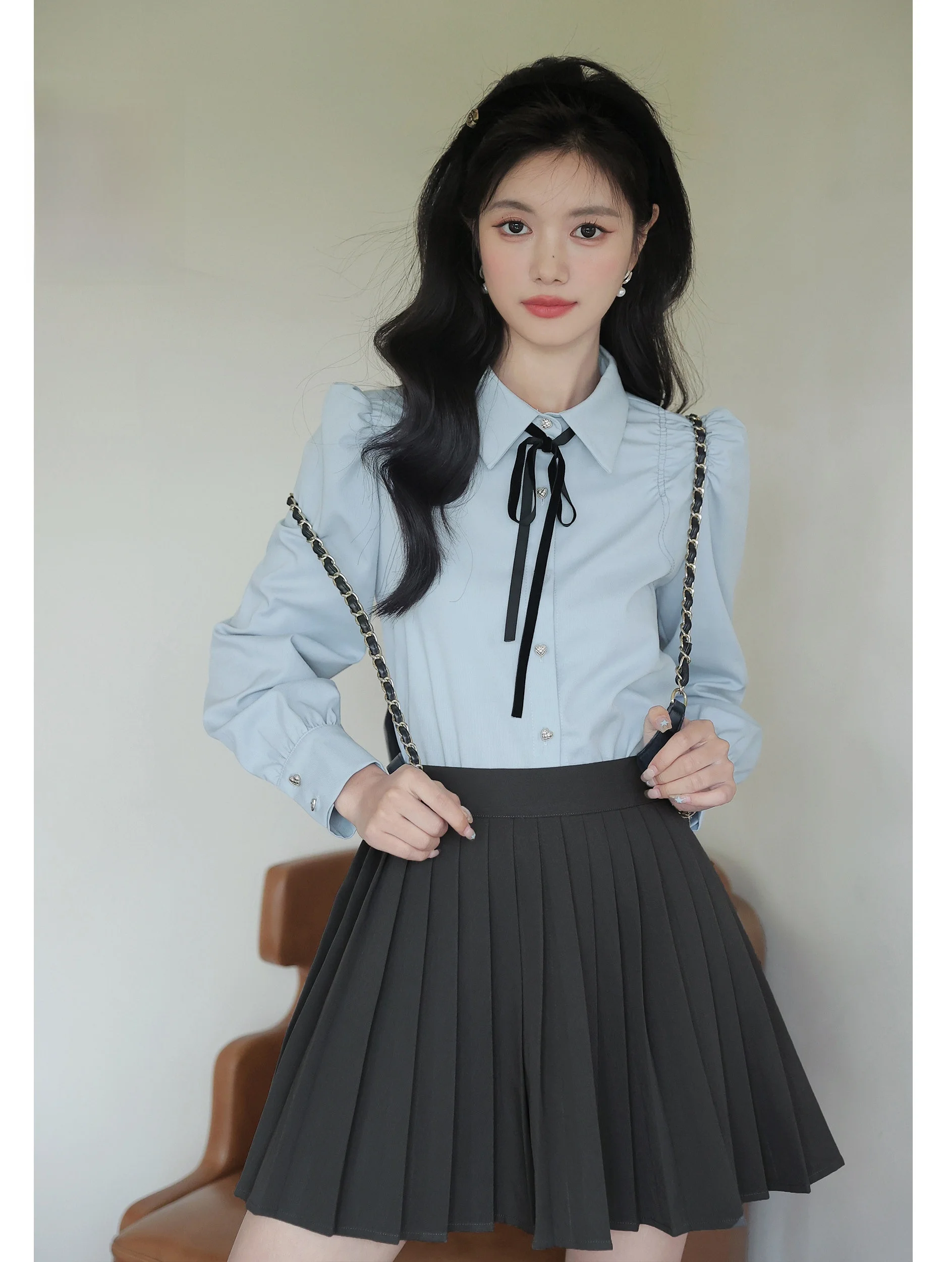 

Комплект с плиссированной юбкой А-силуэта Lingjiu с высокой талией для женщин, домашняя одежда из полиэстера