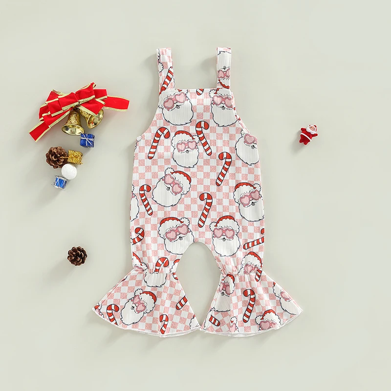 

Cute Baby Girl Christmas Outfit Sleeveless Santa Claus Print Romper with Straps and Bell-Bottom Pants