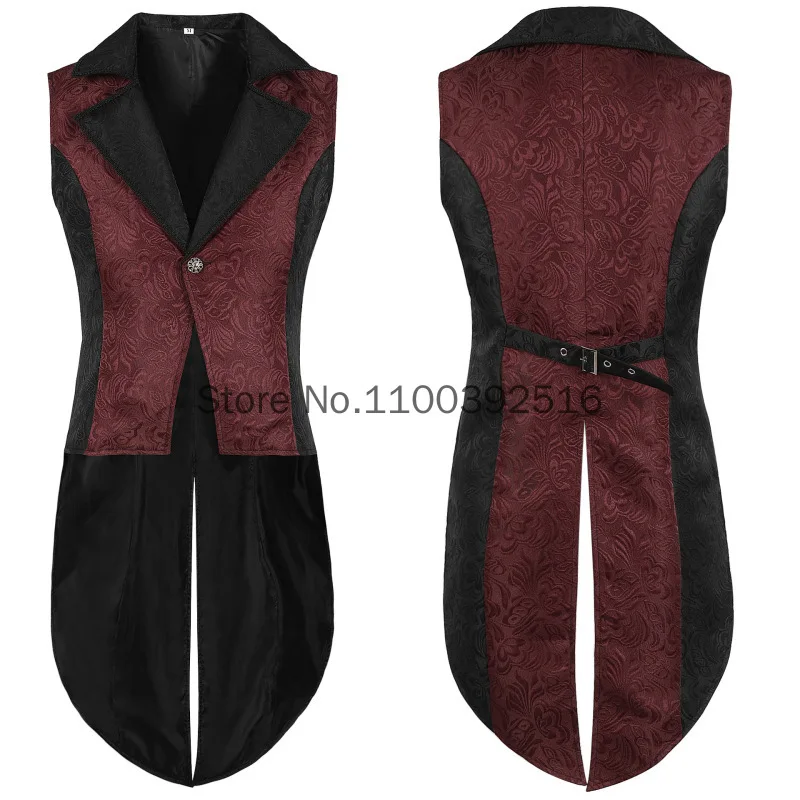 

Wine Red Floral Jacquard Steampunk Gothic Vest Men One Breasted Medieval Victorian Sleeveless Tailcoat Cosplay Prom Costumes