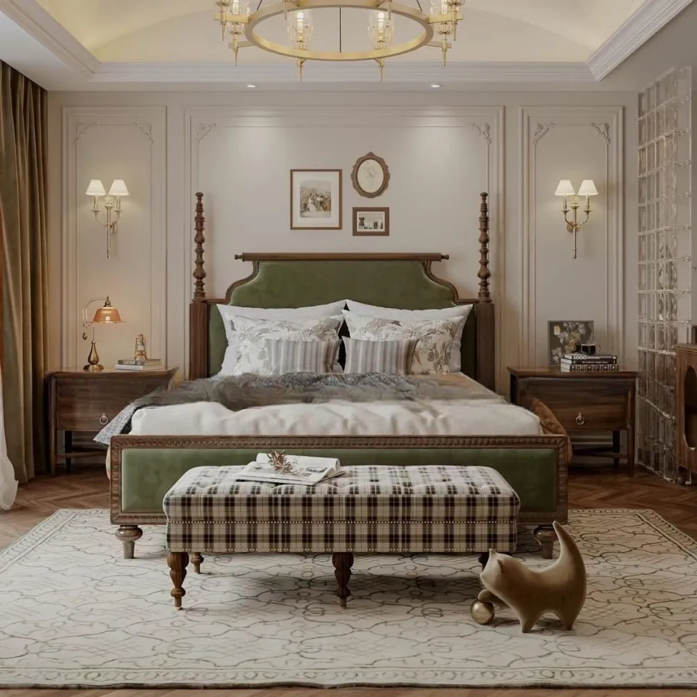 

American retro solid wood bed master bedroom double bed French high-end wedding bed Roman column