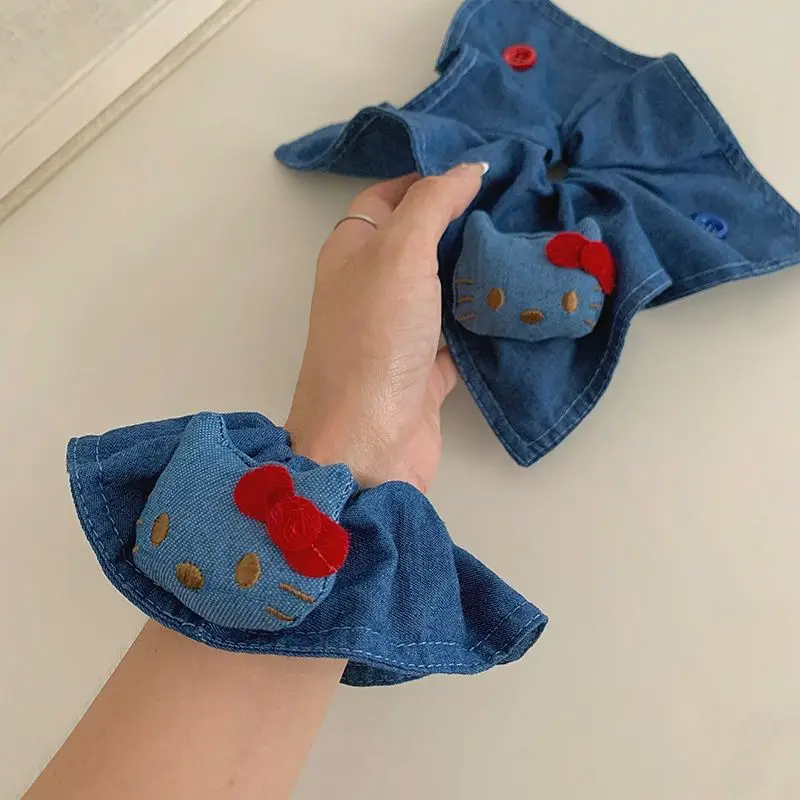 Kawaii Denim Hello Kitty banda para el cabello cuerdas mujeres Cola de Caballo titular lazo para el cabello gomas bandas de goma accesorios para el cabello de moda de Corea