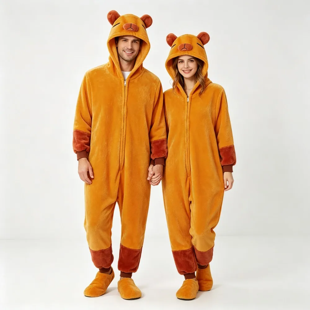 Adult Capybara Onesie Pajama Zipper Hooded Kigurumi Couple Sleepwear Winter Warm Jumpsuit Halloween Christmas Cosplay Homewear