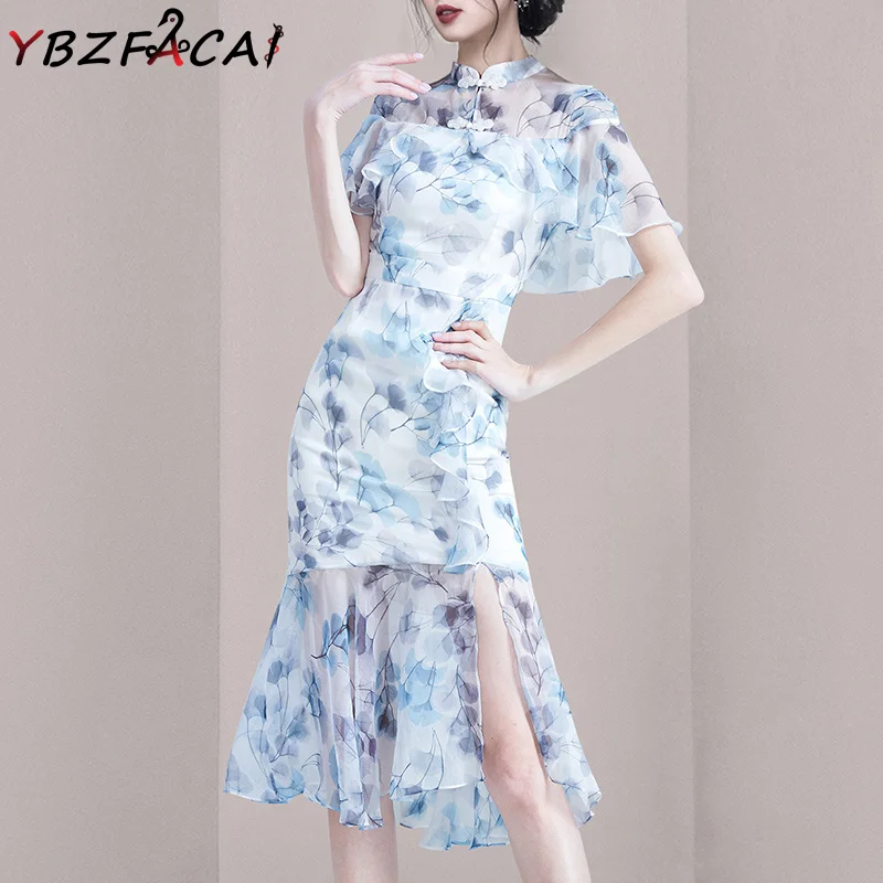 

Pretty Elegant Chinese Cheongsam Dress Women 2023 Spring Fall Short Sleeve Ruffle Mermaid Dress Commuter Blue Print Chiffon Dres