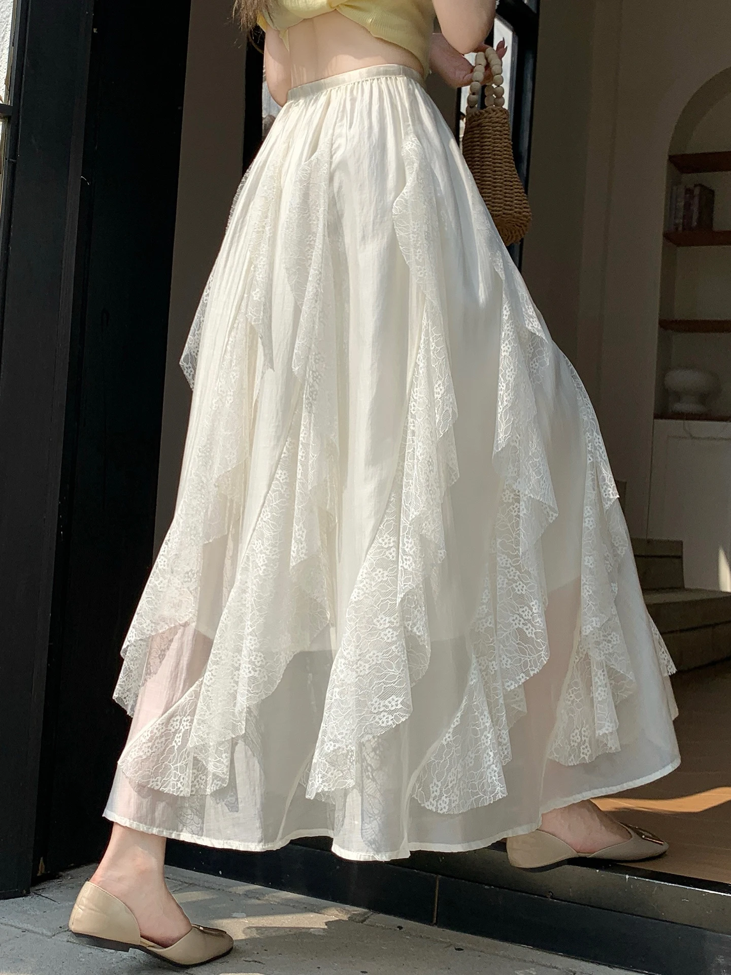 

Кружевная юбка А-силуэта женская летняя с эластичной талией, объемная, средней длины, мягкая, удобная, в корейском стиле, для повседневной носки