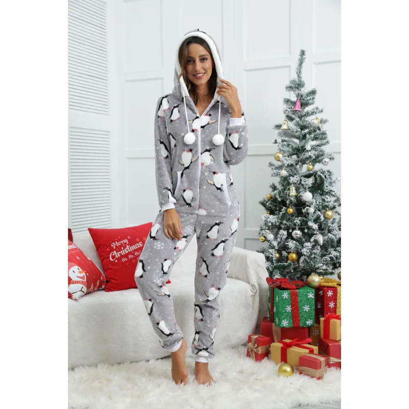 Autumn And Winter Women's Print Hooded Onesies Pajamas One Piece Flannel Zipper Jumpsuit Costume Fancy Sleepwear Pyjamas