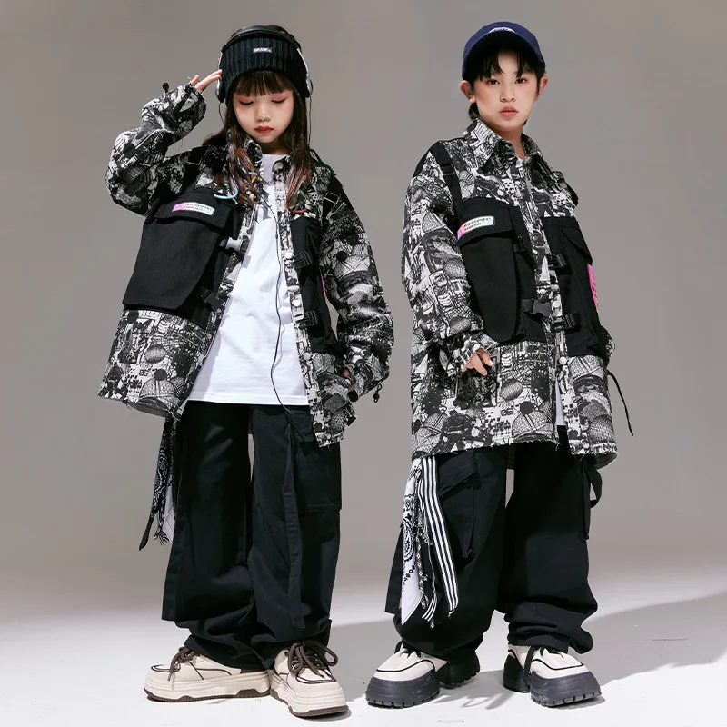 Moda infantil hip hop roupas crianças meninos meninas streetwear solto casual carga jaqueta calças define fatos de treino traje palco