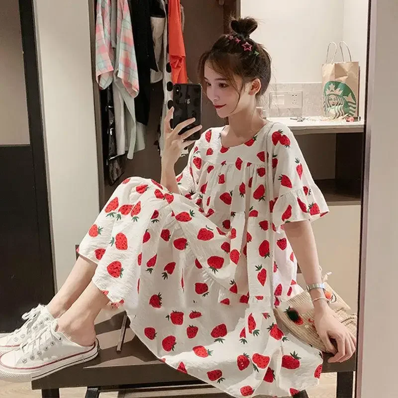 Women Summer Loose Strawberry Dress with Back Strap Short Sleeved Casual Plus Size Pineapple Dresses New Sweet Floral Dresses