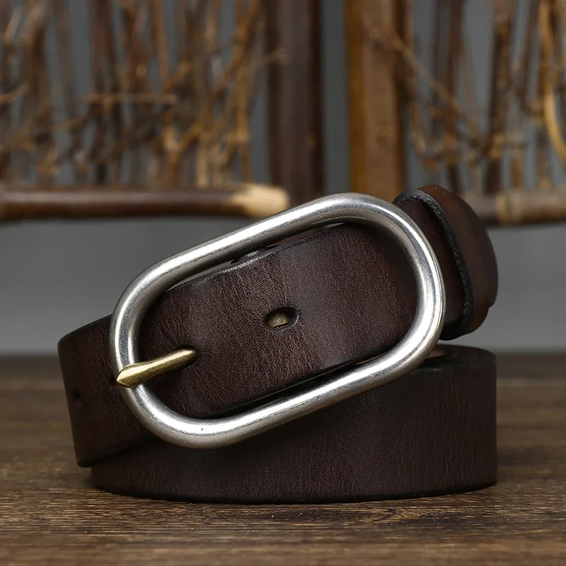 Pure Cowhide Stainless Steel Buckle Genuine Leather Casual Jeans Belt Men High Quality Retro Luxury Brand Male Strap Cintos