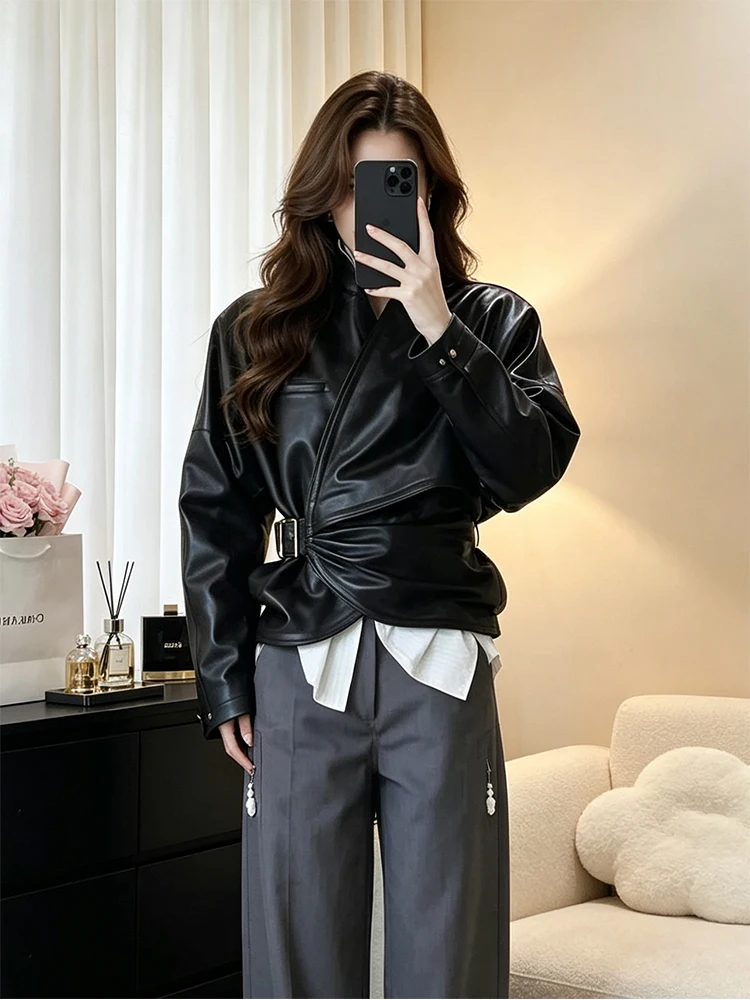 Korean Style Loose Motorcycle Short Jacket Women's Fashion Asymmetrical Stylish Versatile Coat Top Polyester Fiber Long Sleeve