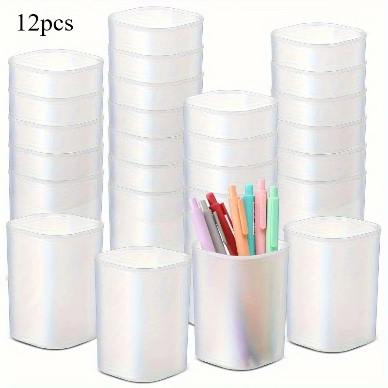12pcs Transparent Frosted Pen Holder Cups - Stackable Storage Cups, Space-Saving Office Desk Organizer, Suitable for Office,Home