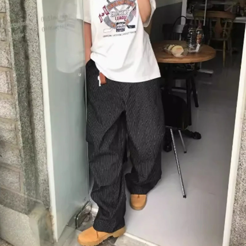 Y2K 復活ローライズデニムパンツ女性ルーズ怠惰なカジュアルワイドレッグパンツアメリカンクラシックストレートストライプジーンズズボン