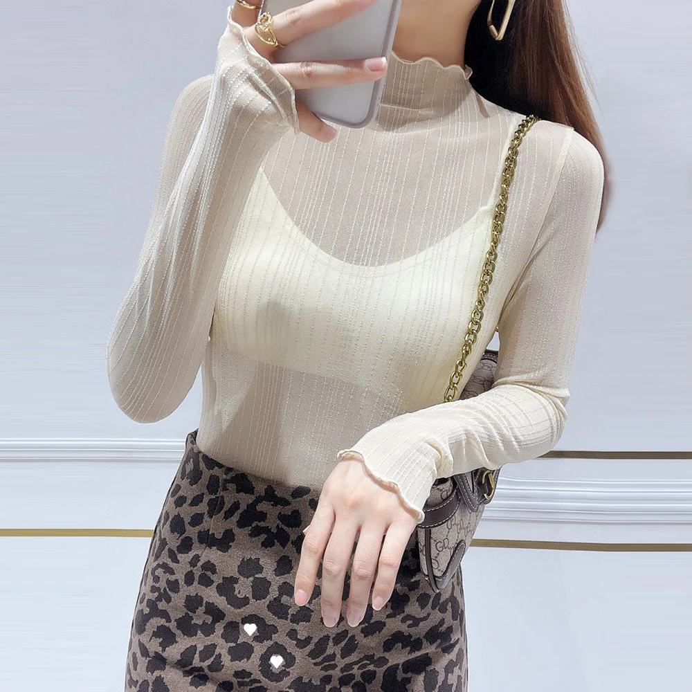 

Y2K See Through Elastic Mesh T Shirt Women Elegant S-XL Blouse Girl Long Sleeve Transparent Shining Shirt Sexy Lace Women Tops