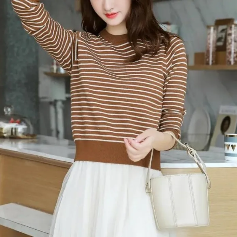 Women's Autumn Winter Pullover Round Neck Striped Solid Screw Thread Long Sleeve Sweater Knitted Undershirt Fashion Casual Tops
