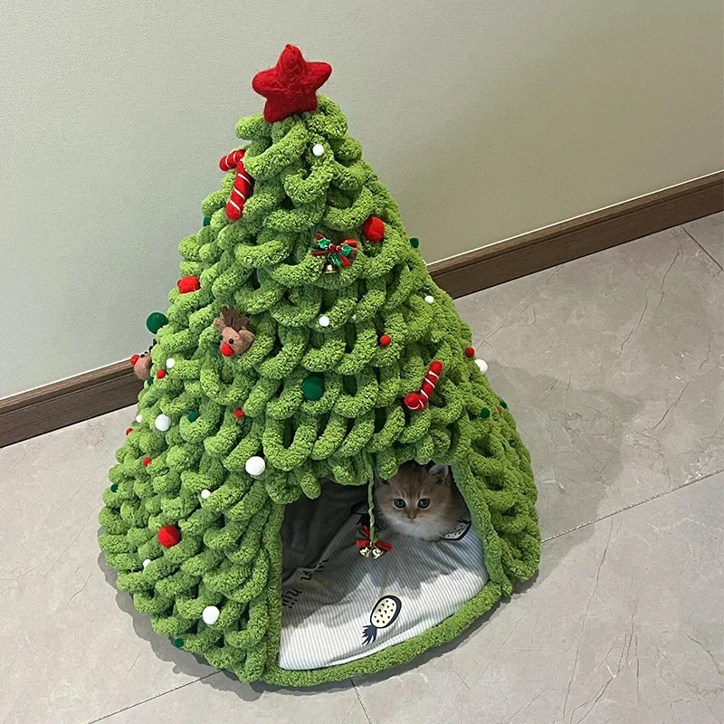 Christmas Tree Weaving Cat Nest Handmade DIY Material Package Winter Warm Closed Safety Small Kitten Bed