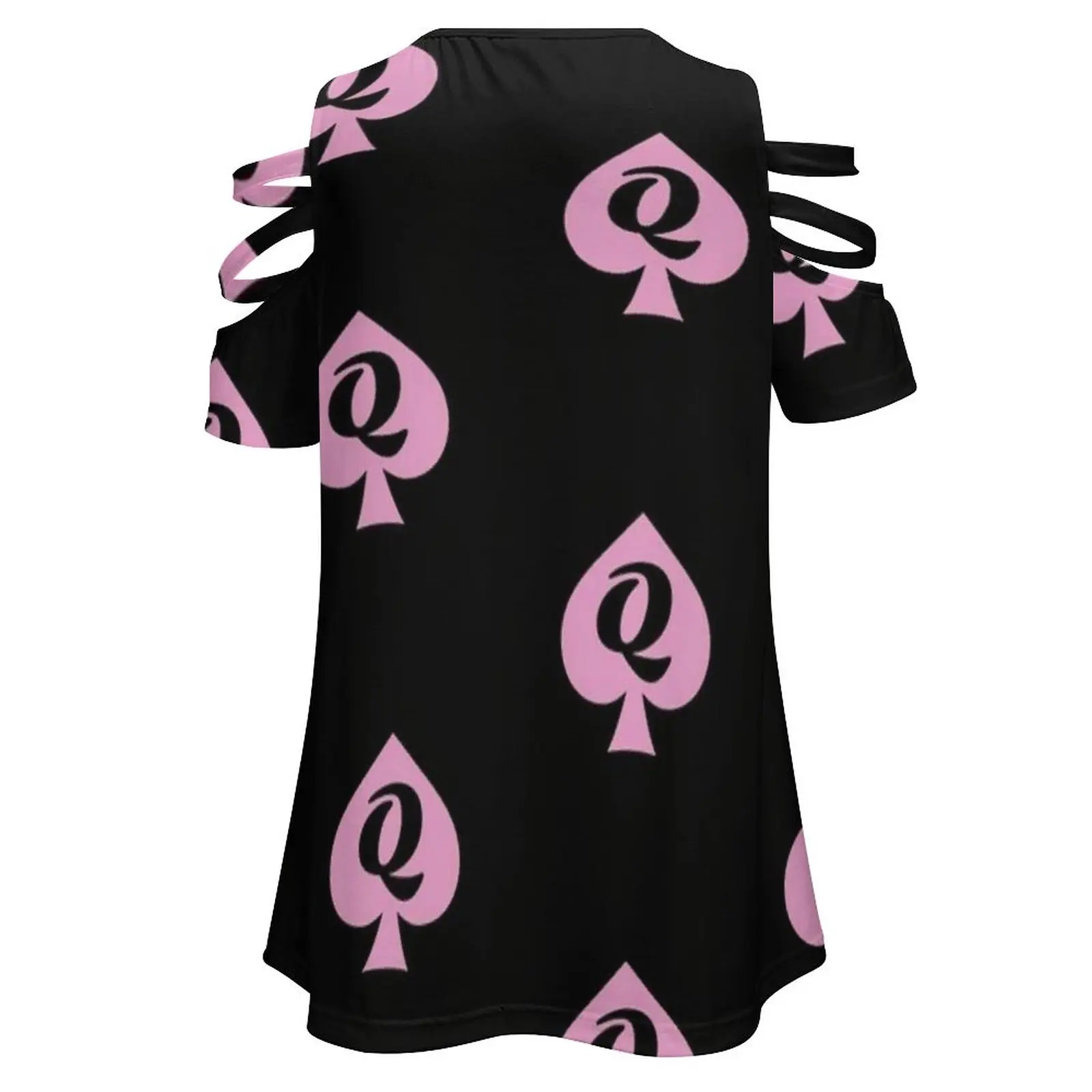 Queen Of Spades Pink And Black Women\'S T-Shirt Summer Fashion Print Floral V-Neck Zipper Tshirt Hollow Pullover Ladies Top Qos