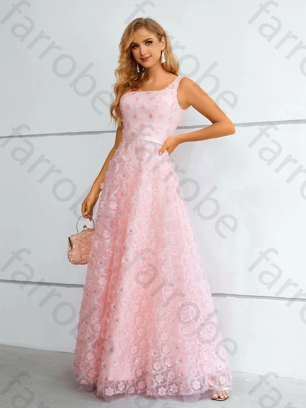 Customized Pink Lace Evening Dresses For Women A Line Square Collar 3D Flower Prom Gown Sequined Long  Formal Party Gowns