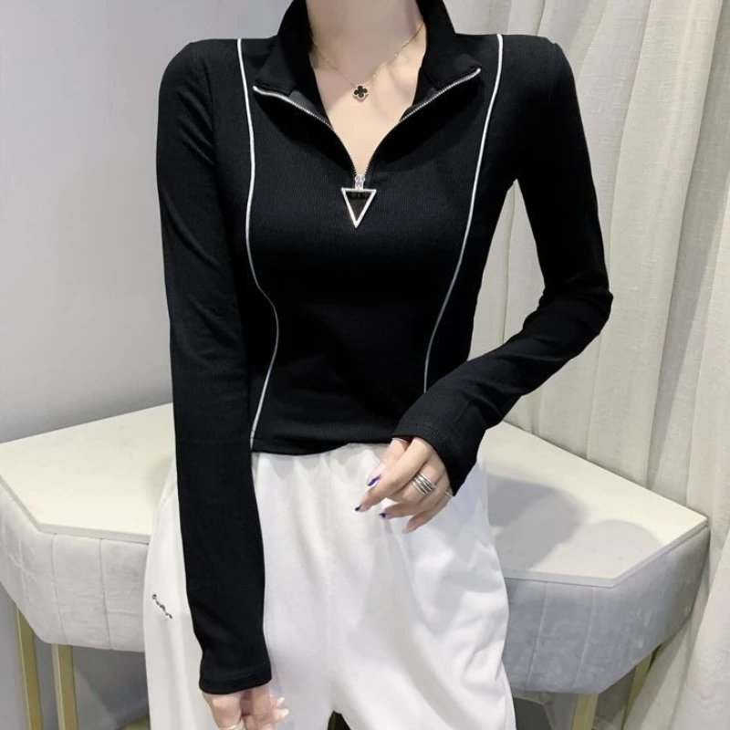 

Premium Women's Polo Collar T Shirt with Artistic Stitching Long Sleeve Slim Fit Base Layer for Indoor Outdoor Use​