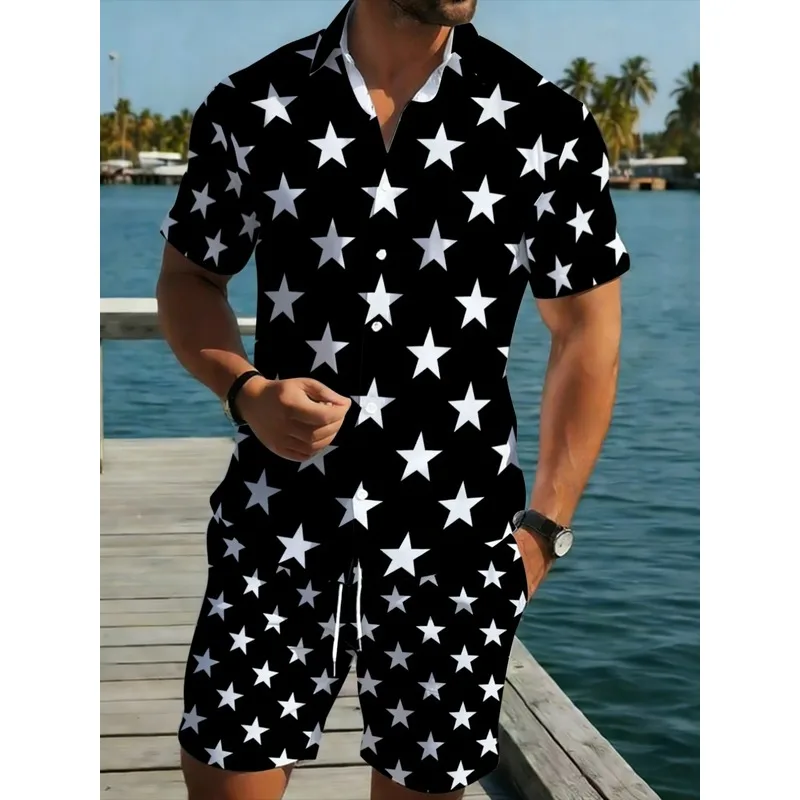 Herren Sternenmuster Kurzarm-Hemd und Hosen Set Leichtes Polyester …