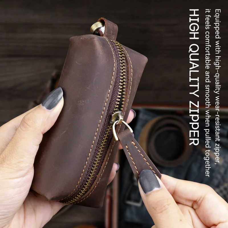 Upgraded Genuine Leather Car Key Bag Zipper Universal Car Key Cover Purse Crazy Horse Leather Housekeeper Key Coin Pocket