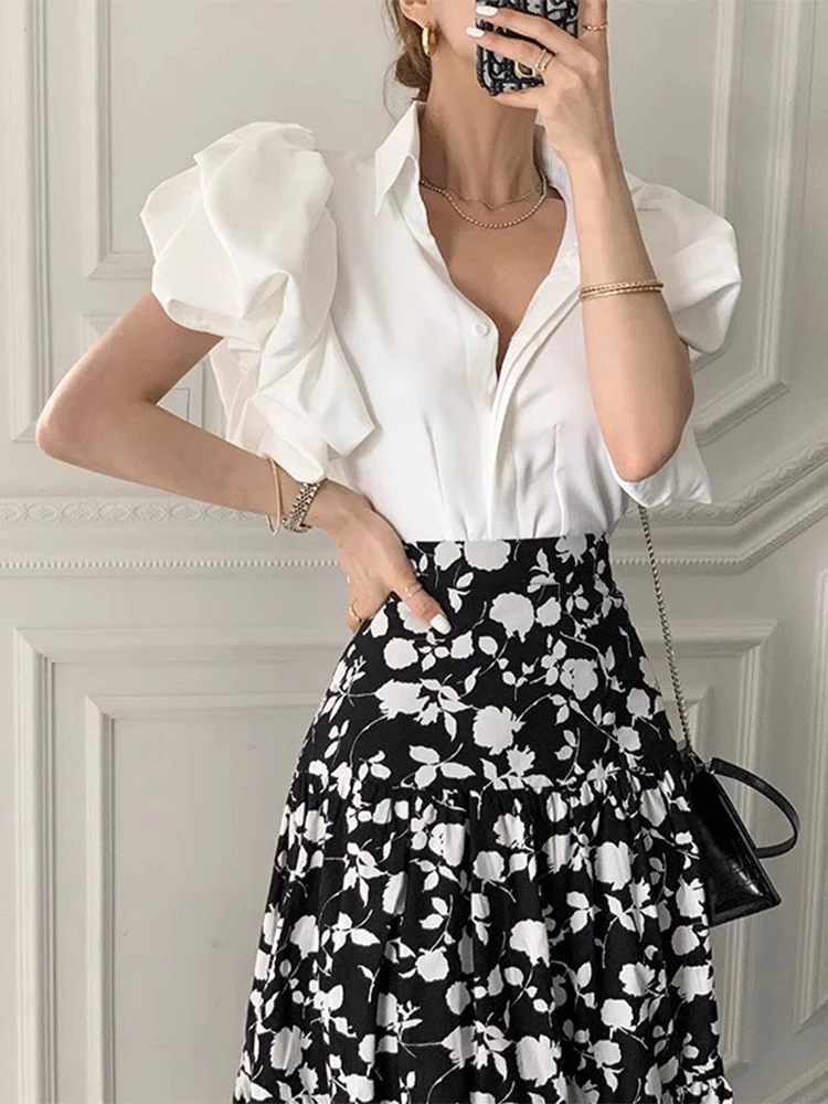 قميص نسائي بأكمام فقاعية بقصة ضيقة، نمط قصير، أبيض، كاجوال، عصري، صيفي، وصل حديثًا، ملابس مكتبية، ألياف البوليستر