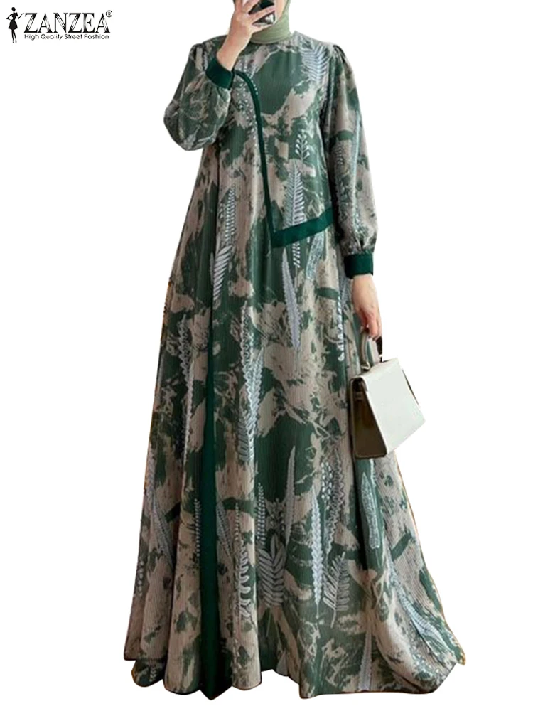 ZANZEA Women Elegant Leaves Printing Maxi Dress Vintage Lantern Sleeve O Neck Casual Loose Kaftan Vestido Muslim Abaya Long Robe