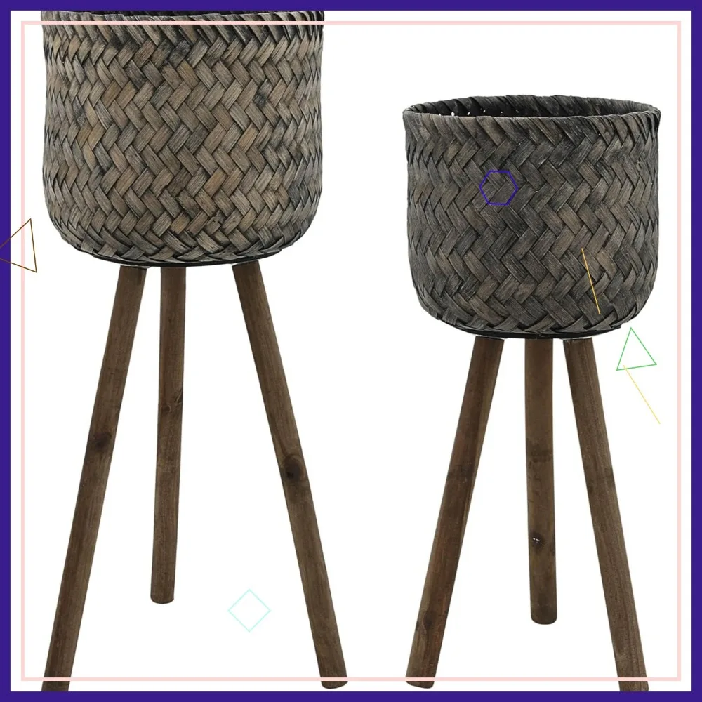 Набор из 2 плетеных горшков ручной работы с подставками — коричневый декор для дома и улицы в деревенском стиле, 19 дюймов и 23 дюйма.