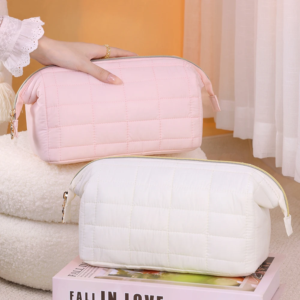 

Quilted Women's Makeup Cosmetic Bag Organizer Wide Opening Pocket Travel Essential Toiletries Accessories Brush Toiletry Bag
