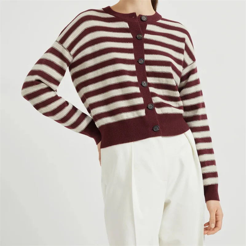 

Cardigan for women New elastic knitted slim fit long sleeved top for summer 2025 Wool blend striped Knitwear y2k Women's sweater
