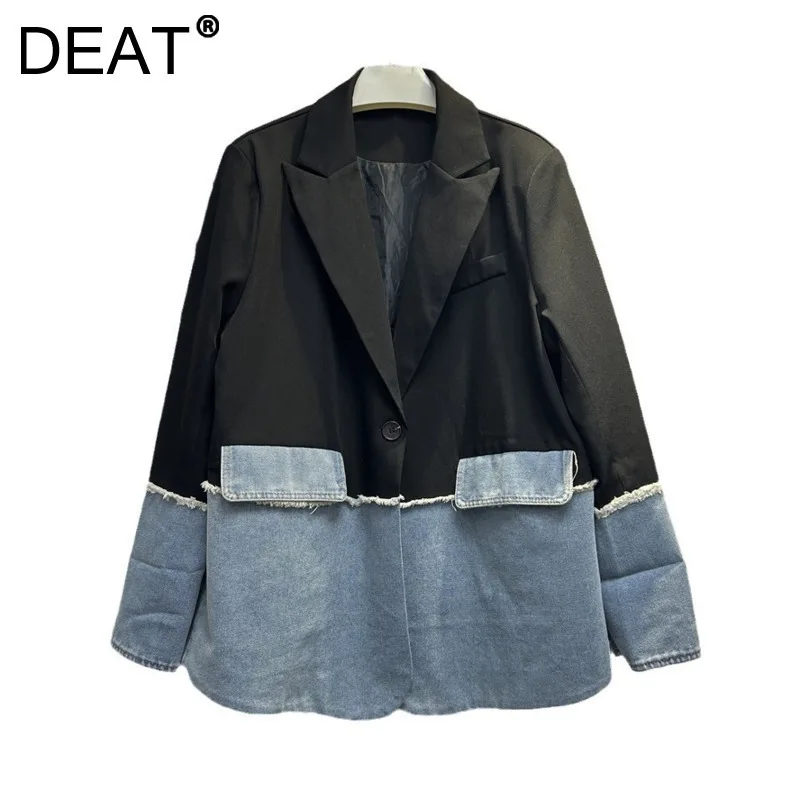 DEAT Women's Blazer Single Button Patchwork Denim Notched Collar Loose Causal Suit Jackets 2025 New Fashion Spring 29L9439