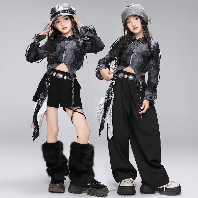 Filles K-pop Wasteland gris haut pantalon de danse de rue enfants Hip Hop veste Shorts enfants Streetwear Costume Jazz vêtements ensembles