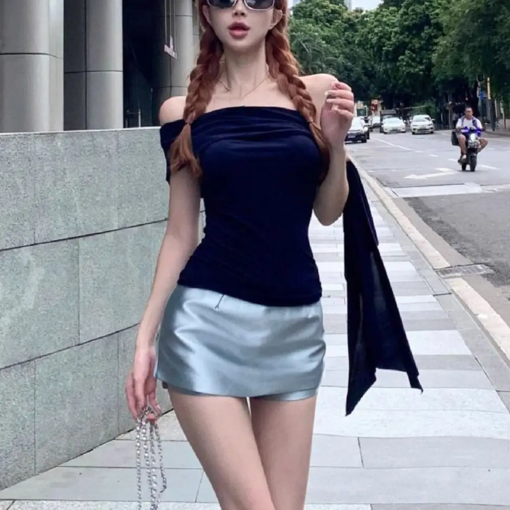 

Sweet Ruffle Short Sleeve T-shirt Slim Fit Chic Y2K Crop Top Women Simple Korean Style Off Shoulder Shirt Top Holiday