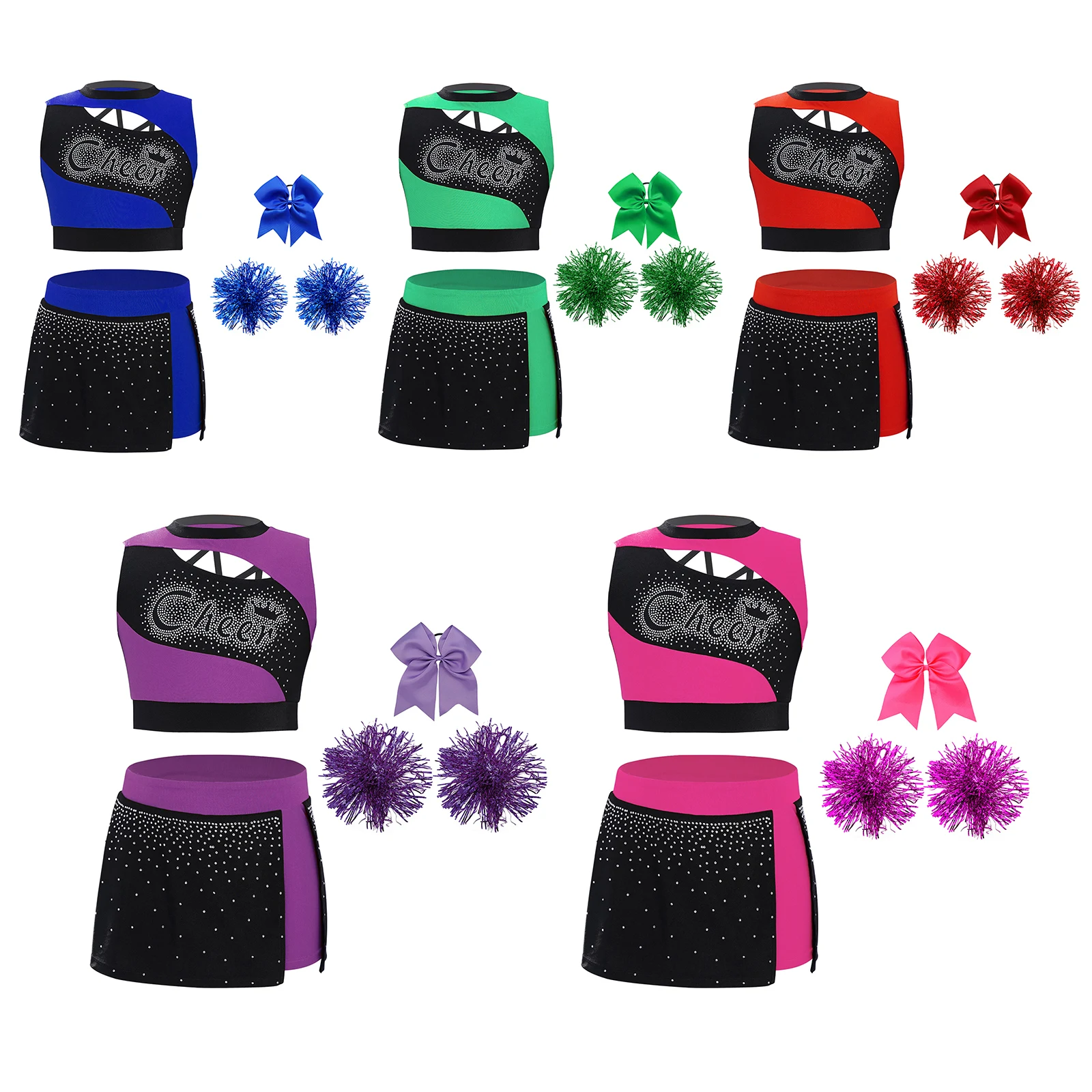 Strój do cheerleadingu dla dziewczynek, kolorowy, z regulowanym topem, dopasowaną spódniczką i ozdobnymi pomponami na głowie.