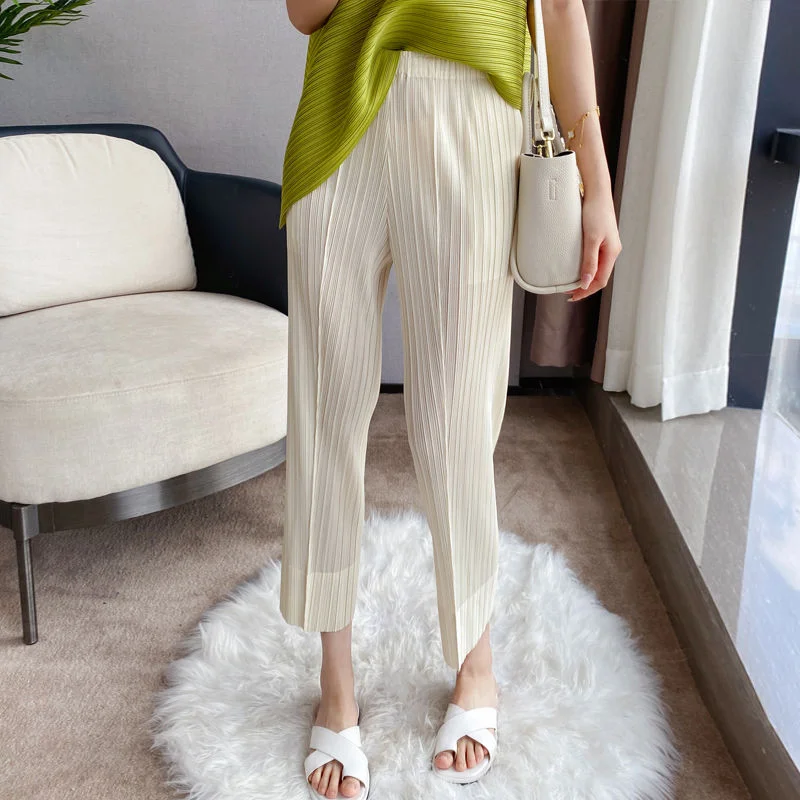Women's High Waist Straight Leg Pants Spring Autumn Three Pleats Drapey Loose Nine Tube Cigarette Casual Trousers