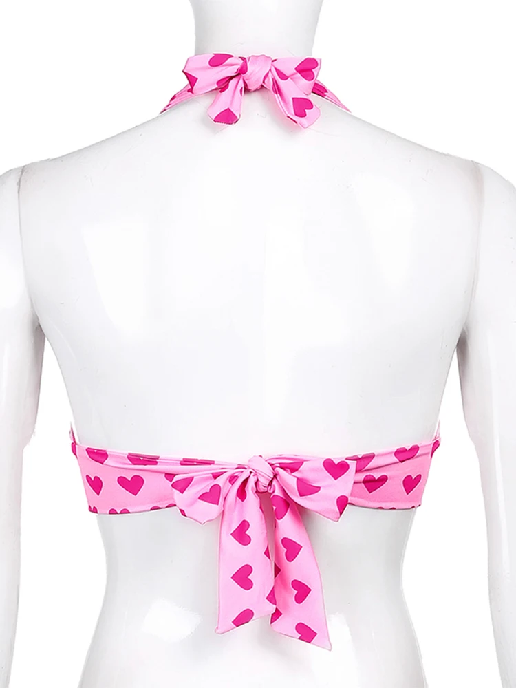 Pink Heart Print Cute Bustier Crop Top Women Aesthetic Kawaii Clothes Sleeveless Backless Lace Up Bralette Camisole